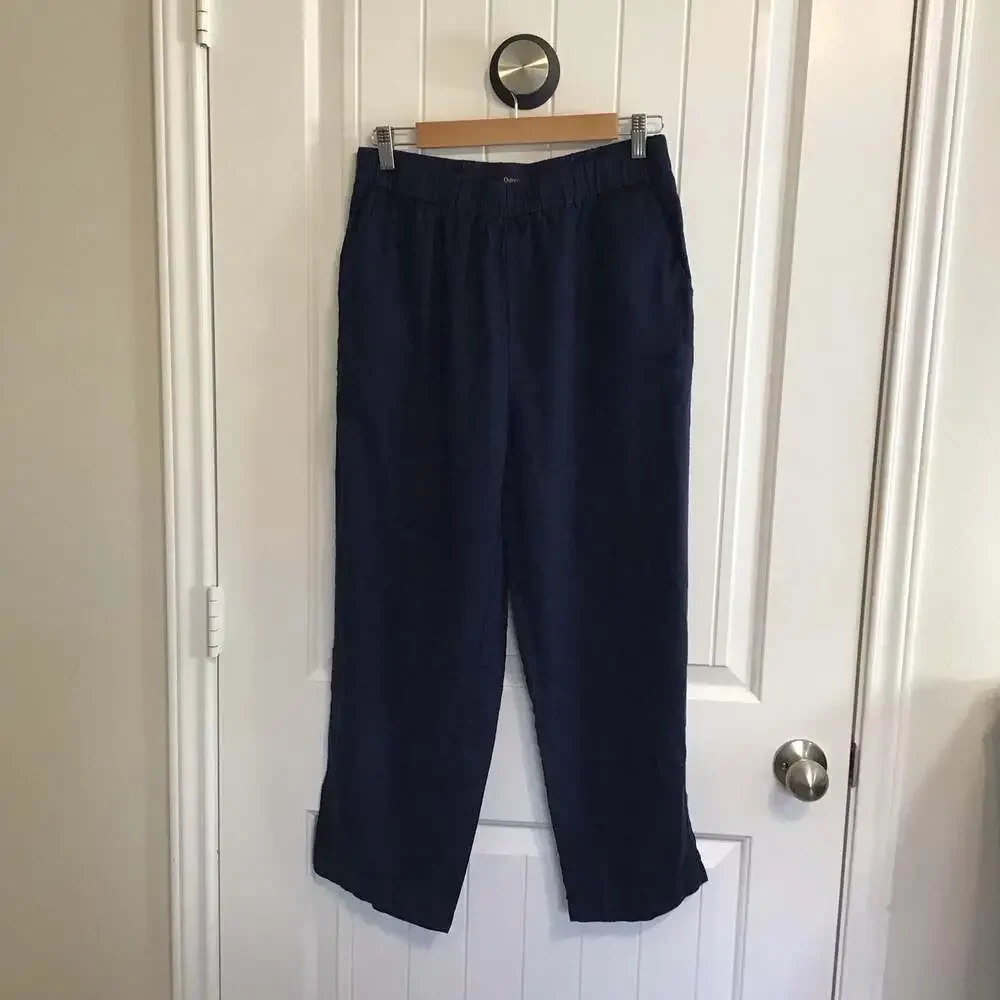 Quince European Linen Pull on Pants side pockets Sz Medium Navy Blue Chic